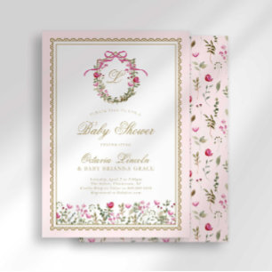 Invitation Baby Shower Fleurs en Fête Monogramme Ruban Rose