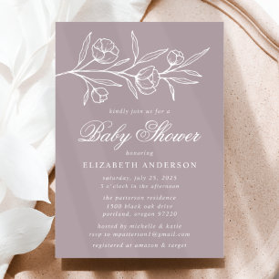 Invitation Baby Shower Fleurs Esquissées Violet Poussiéreux