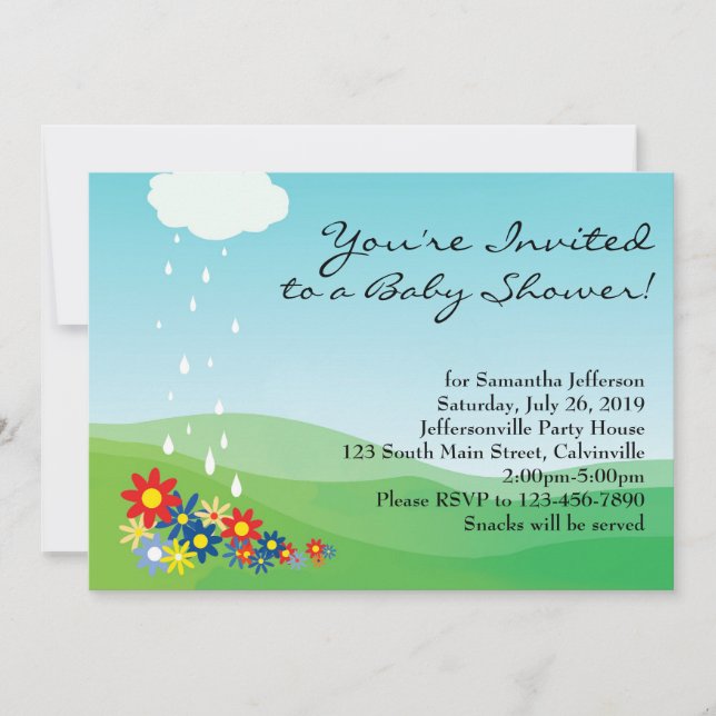 Invitation baby shower, Fleurs primaires et pluie (Devant)