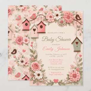 Invitation Baby Shower Fleurs Roses Pâles et Vert Sauge