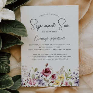 Invitation Baby-Shower "Fleurs sauvages à l'aquarelle Sip and