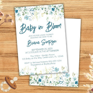 Invitation Baby Shower Fleurs Sauvages Bleu Canard