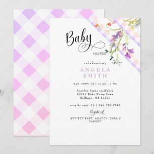 Invitation Baby-Shower Fleurs Sauvages Gingham Lavande