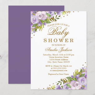 Invitation Baby Shower Fleurs Violettes Aquarelle Or