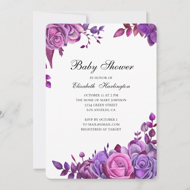 invitation baby shower. Fleurs violettes et roses (Devant)