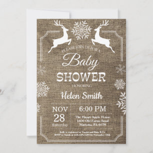 Invitation Baby Shower Flocon de Neige Cerf Hiver Rustique