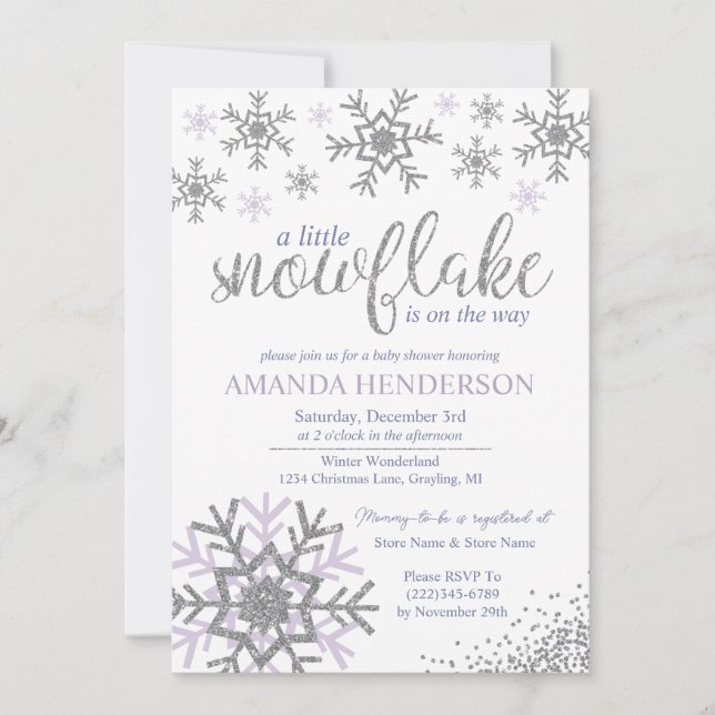 Invitation Baby Shower Flocon de Neige Lavande d'Hiver (Devant)