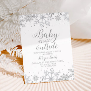 Invitation Baby Shower Flocon de Neige Paillettes Argent