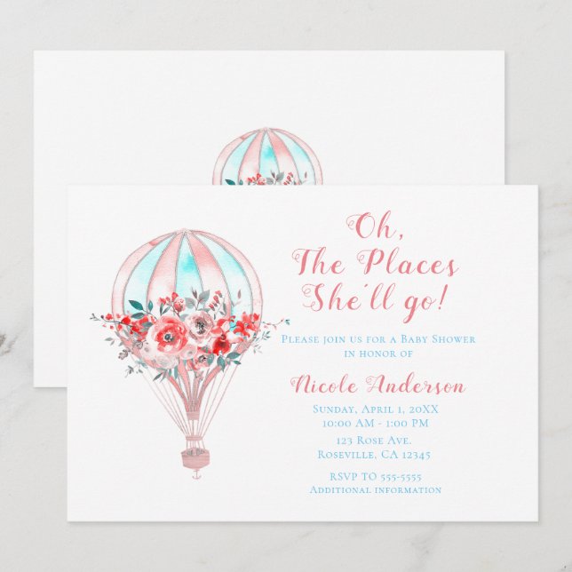 Invitation Baby shower Floral à air chaud Les endroits où ell (Devant / Derrière)