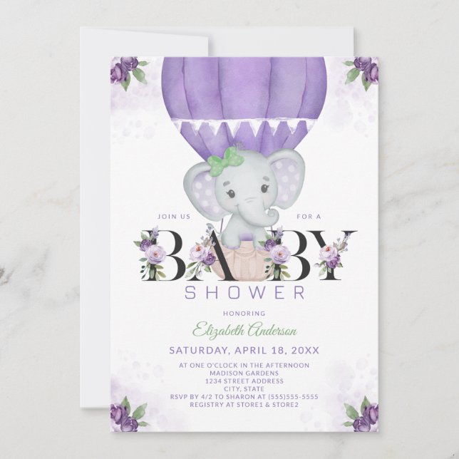 Invitation Baby shower Floral à bulle d'air chaud violet élép (Devant)
