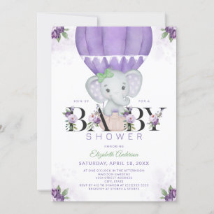 Invitation Baby shower Floral à bulle d'air chaud violet élép