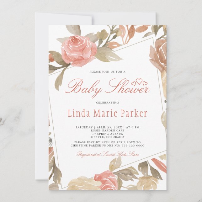 Invitation Baby shower floral à crème pâtissière Dusty Rose (Devant)