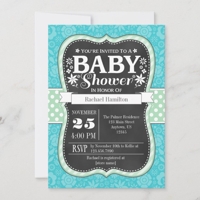 Invitation Baby shower floral à la menthe turquoise (Devant)