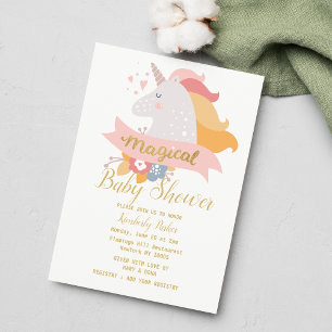 Invitation Baby shower floral à licorne d'or rose blanc