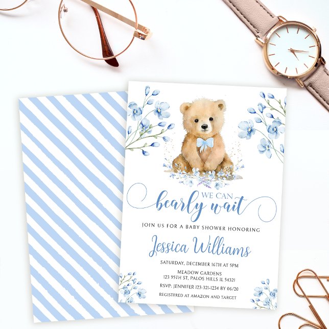 Invitation Baby shower floral à ours en peluche bleu mignon I (Créateur téléchargé)