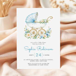 Invitation Baby shower floral à poutre bleu poussiéreux