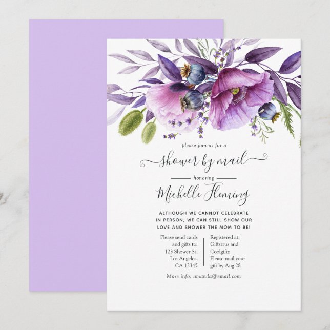 Invitation Baby shower floral à violet poussiéreux par courri (Devant / Derrière)