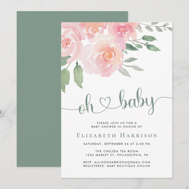 Invitation Baby shower Floral Aquarelle (Devant / Derrière)