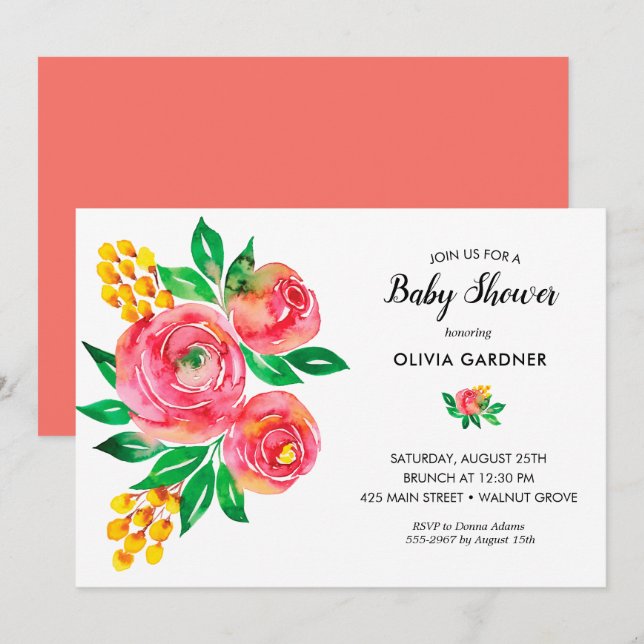 Invitation Baby shower floral aquarelle (Devant / Derrière)