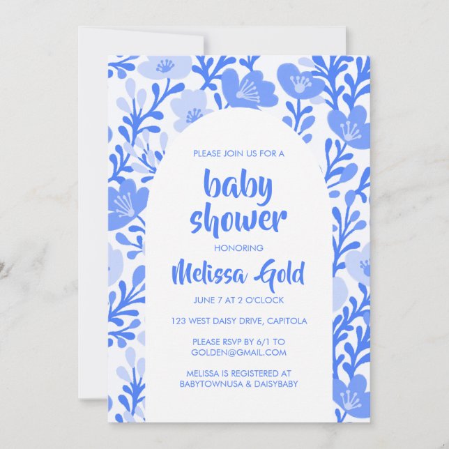 Invitation BABY SHOWER Floral Arc Blue Flower Motif PERSONNAL (Devant)