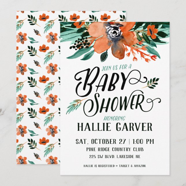 Invitation Baby shower floral automne (Devant / Derrière)
