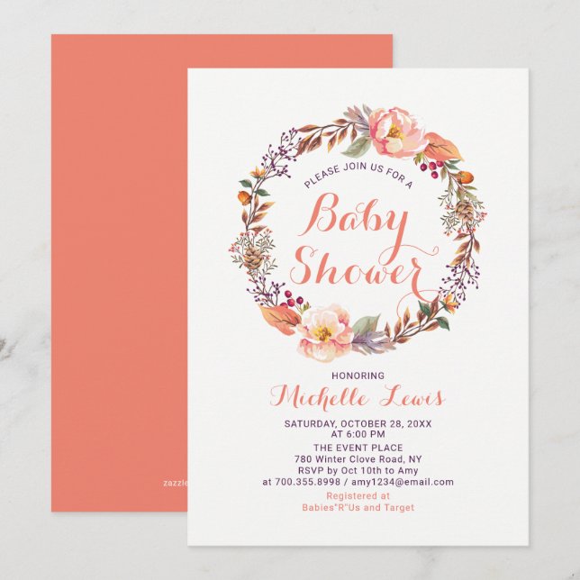 Invitation Baby shower Floral Automne Fille (Devant / Derrière)