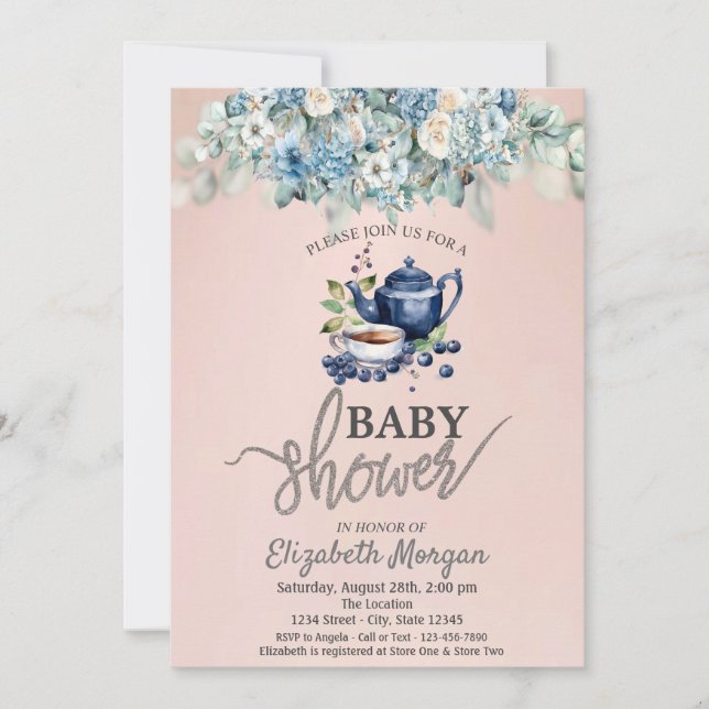 Invitation Baby shower Floral aux bleuets à thé (Devant)