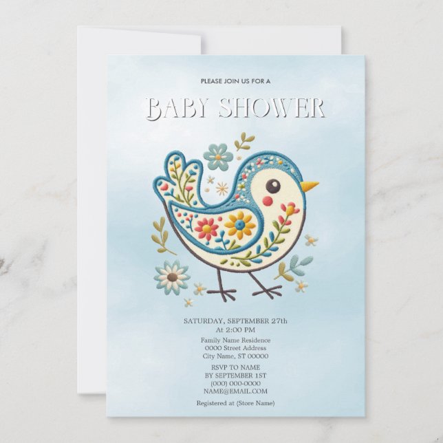 Invitation Baby shower Floral aux oiseaux bleus (Devant)