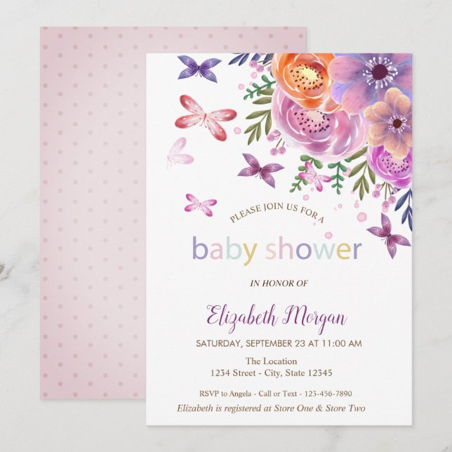 Invitation Baby shower floral aux papillons (Devant / Derrière)