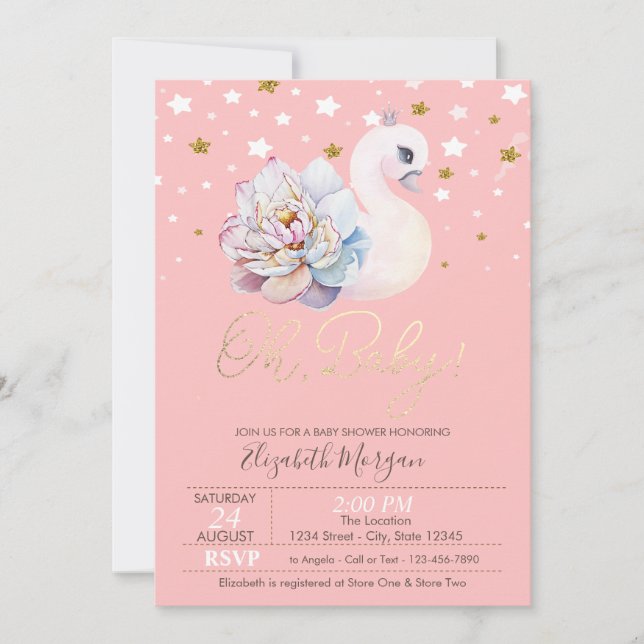 Invitation Baby shower Floral Baby Swan Crown Stars (Devant)