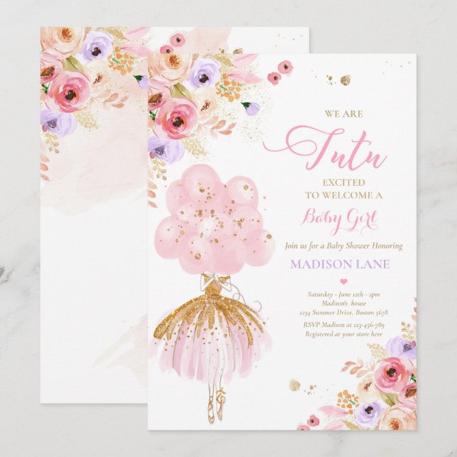 Invitation Baby shower Floral Ballerina Rose Et Lilac (Devant / Derrière)