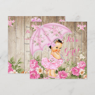 Invitation Baby Shower Floral Bébé Fille Bois Rustique Rose B
