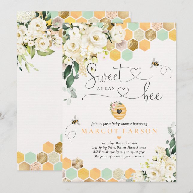 Invitation Baby shower Floral Blanc Blanc, Doux Comme Peuvent (Devant / Derrière)