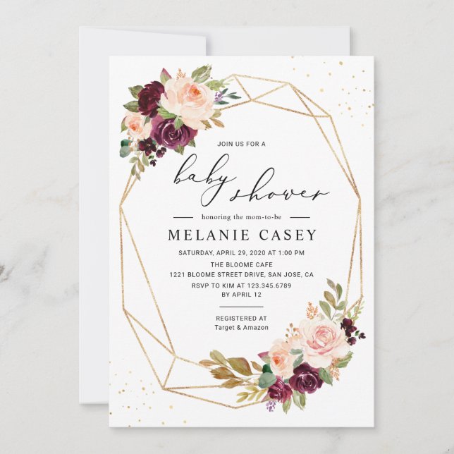 Invitation Baby shower floral bleu bordeaux géométrique or (Devant)