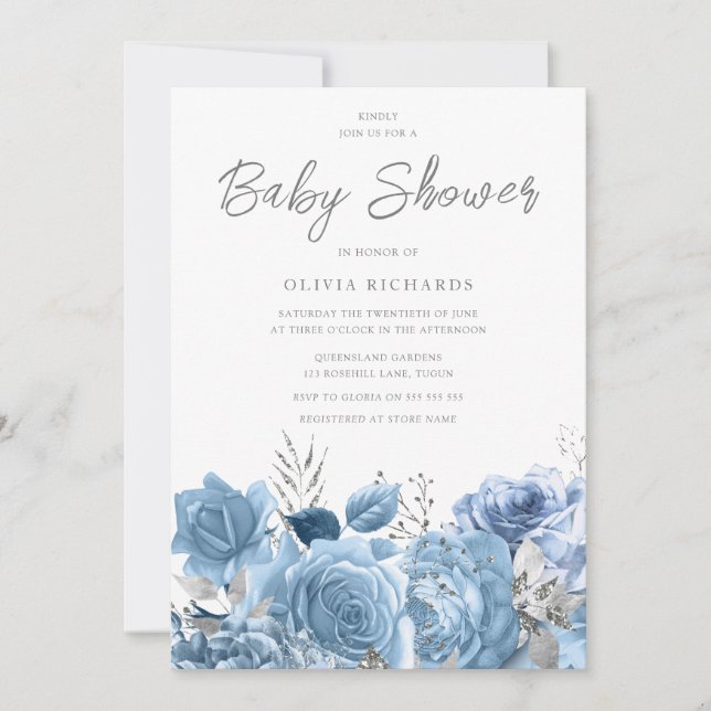 Invitation Baby shower floral bleu ciel bleu Dusty (Devant)