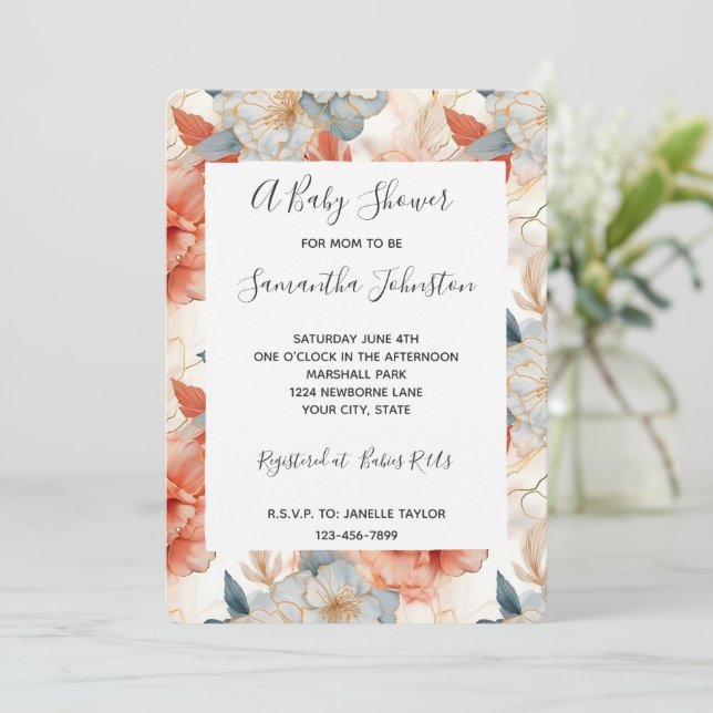 Invitation Baby shower floral bleu de corail ivoire (Debout devant)