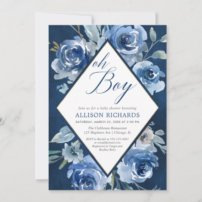 Invitation Baby shower floral bleu de garçon oh (Devant)