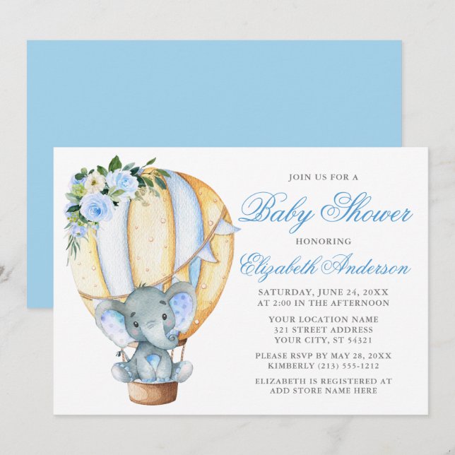 Invitation Baby shower Floral Bleu Eléphant (Devant / Derrière)
