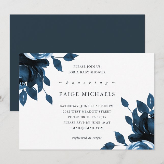 Invitation Baby shower floral bleu et blanc (Devant / Derrière)