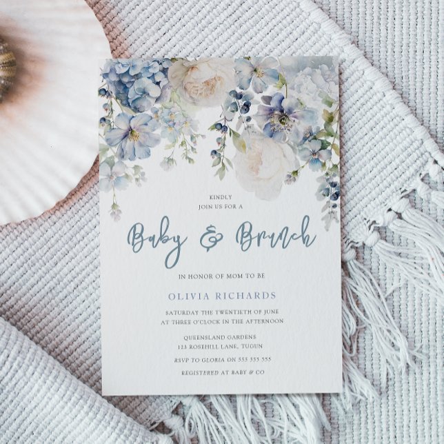 Invitation Baby shower floral bleu et blanc Dusty Brunch (Créateur téléchargé)