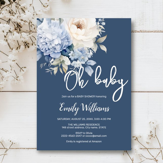 Invitation Baby shower floral bleu et blanc poussiéreux (Dusty blue watercolor flowers peonies rustic gender neutral baby shower invitation )