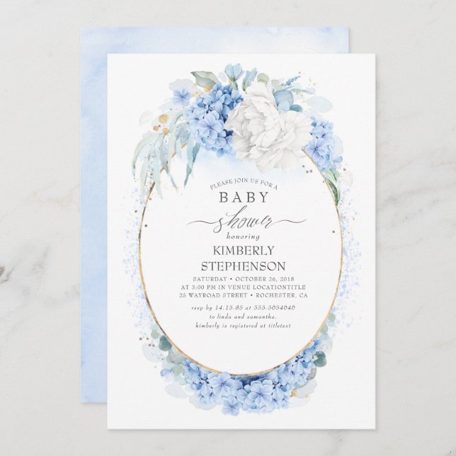Invitation Baby shower floral bleu et blanc poussiéreux (Devant / Derrière)