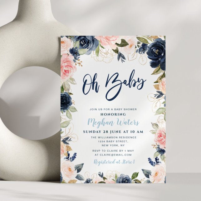 Invitation baby shower floral bleu et bleu (Créateur téléchargé)