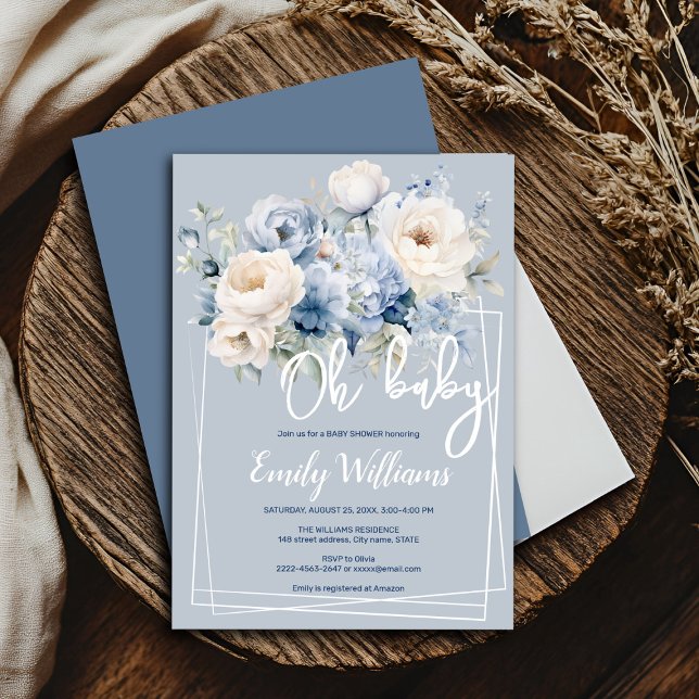 Invitation Baby shower floral bleu et ivoire poussiéreux (Blue and white roses and peonies floral watercolor baby shower invitation )