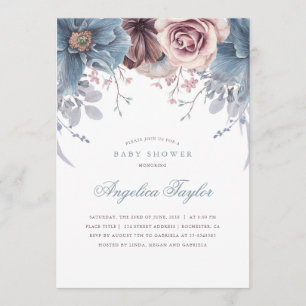 Invitation Baby shower floral bleu et mauve