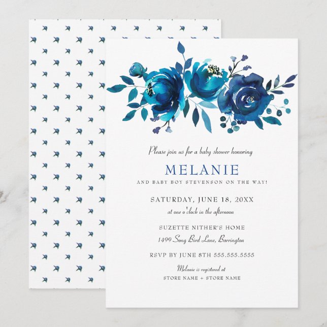 Invitation Baby shower Floral bleu Indigo (Devant / Derrière)
