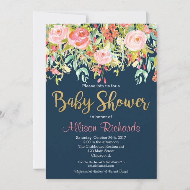 Invitation baby shower floral bleu marine (Devant)