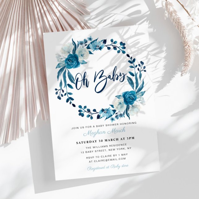 Invitation baby shower floral bleu marine (Créateur téléchargé)
