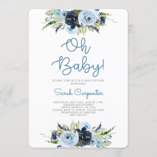 Invitation baby shower floral bleu marine