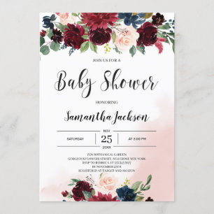 Invitation Baby shower floral bleu marine bordeaux d'hiver